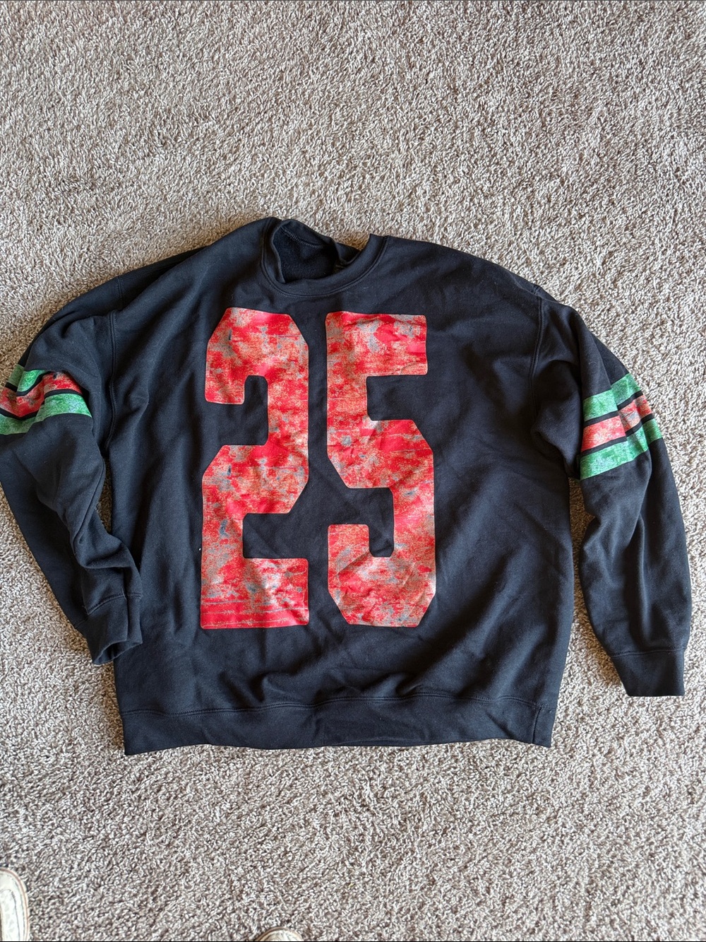 Gildan Black Crewneck Sweater with Red Number and Green Stripe Accents
